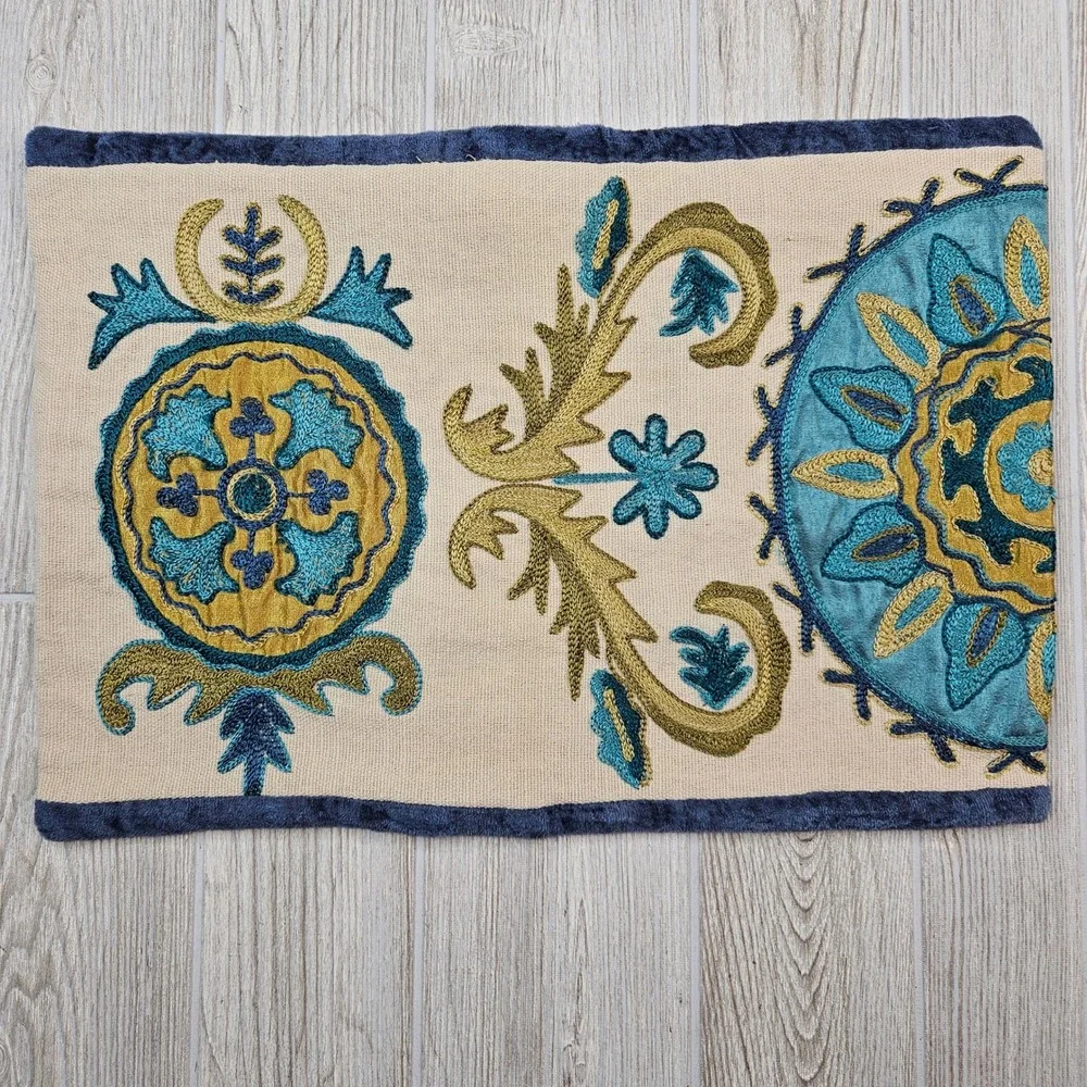 Pier 1 Imports Suzani Embroidered Lumbar Pillow Cover Beige Teal Gold 13x20